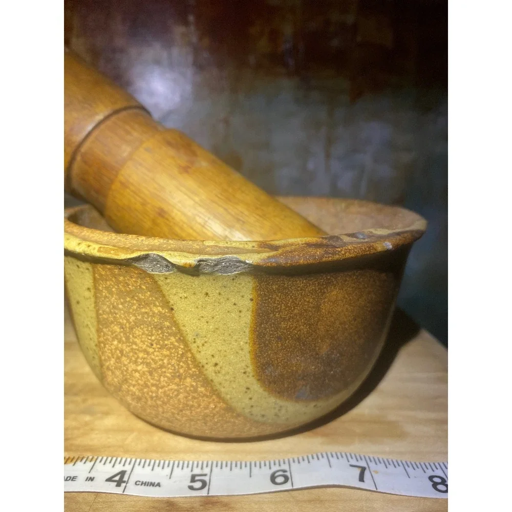 Vintage Studio Pottery Ceramic Mortar and Wood Pestle Set Tan Brown Rustic 6in